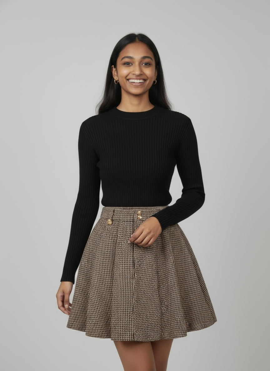 Flared A-Line Mini Skirt with Gold Buttons