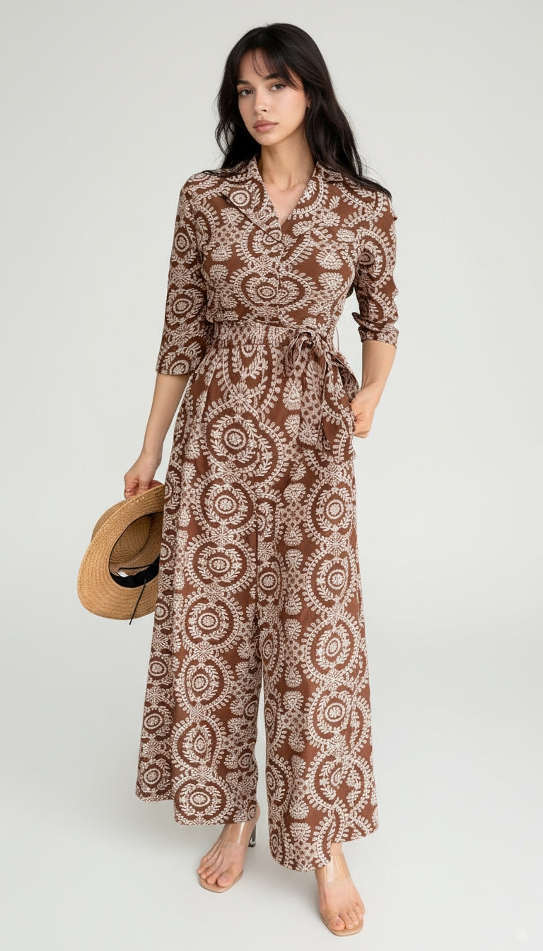Boho-Print Wide-Leg Jumpsuit with Collar and 3/4 Sleeves