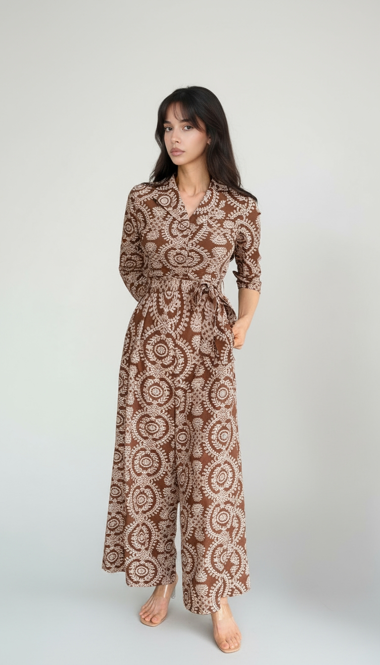 Boho-Print Wide-Leg Jumpsuit with Collar and 3/4 Sleeves