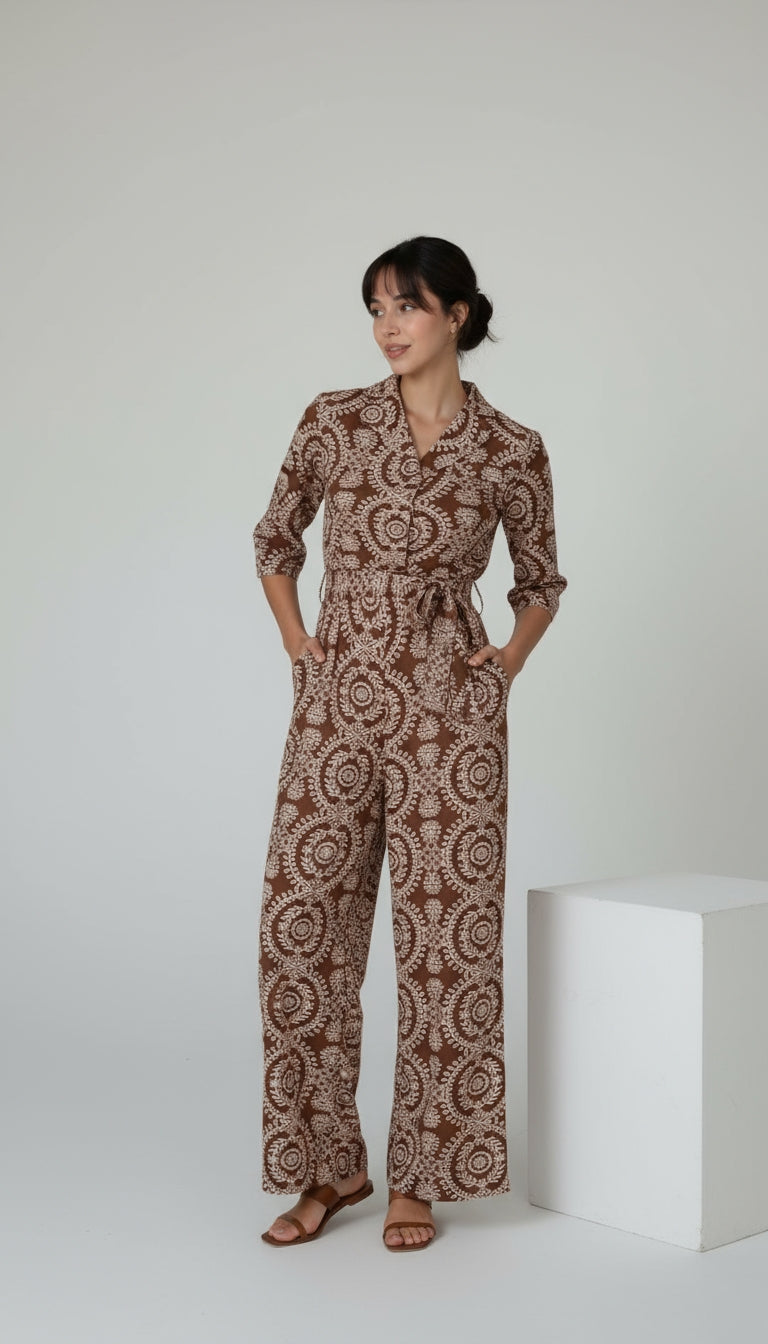 Boho-Print Wide-Leg Jumpsuit with Collar and 3/4 Sleeves