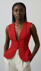 Deep V-Neck Button Front Sleeveless Peplum