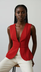 Deep V-Neck Button Front Sleeveless Peplum