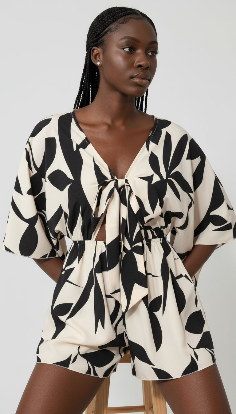 Tropical Print Tie-Front Romper with Bell Sleeves