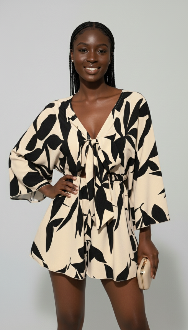 Tropical Print Tie-Front Romper with Bell Sleeves