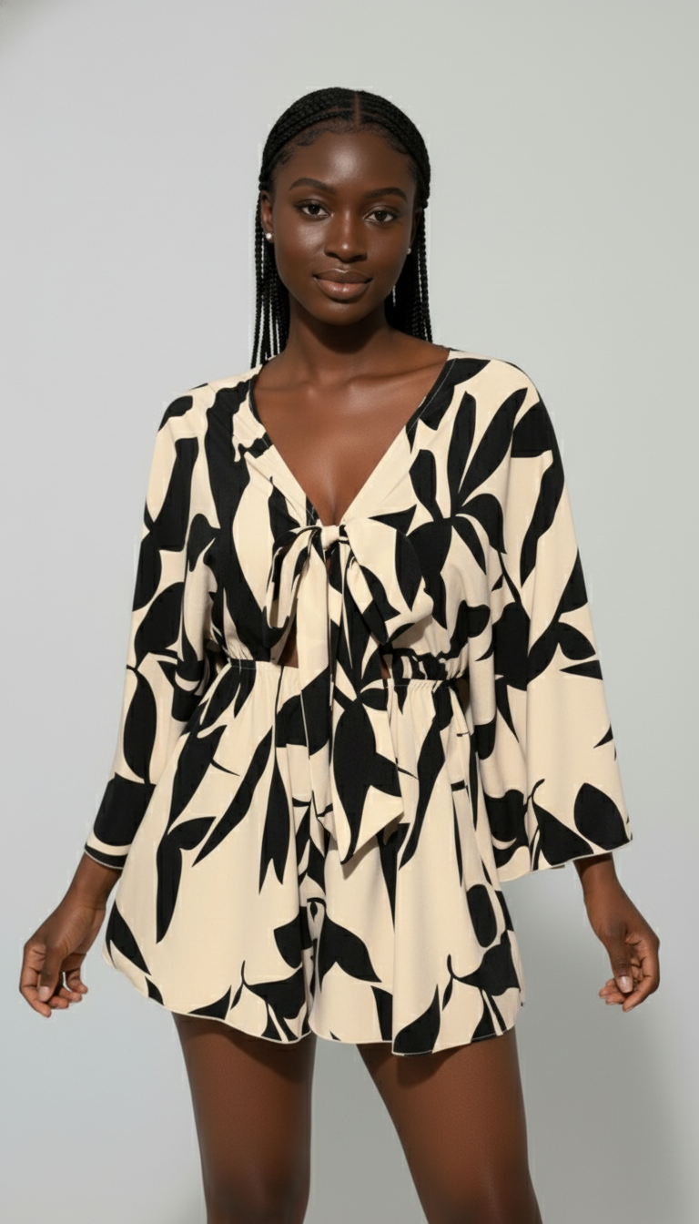 Tropical Print Tie-Front Romper with Bell Sleeves