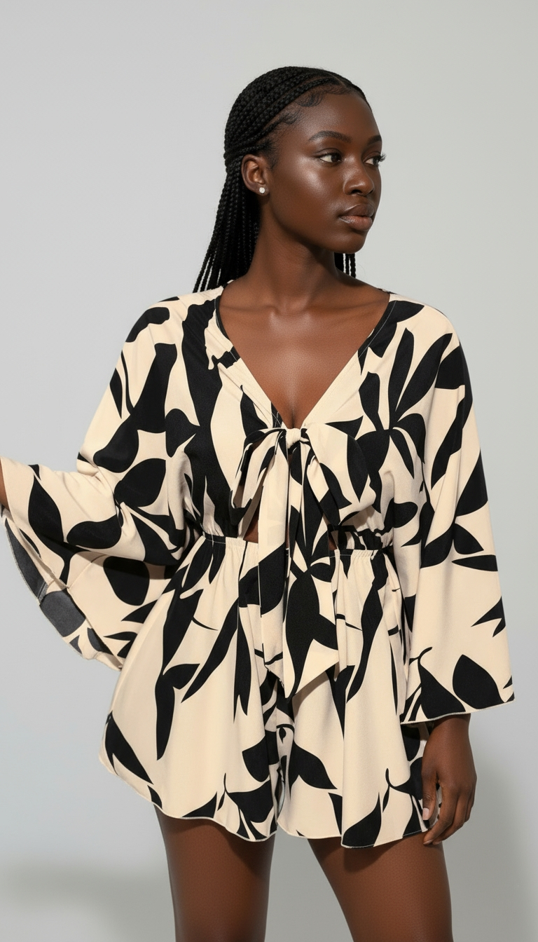Tropical Print Tie-Front Romper with Bell Sleeves