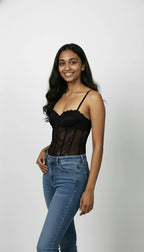 Removable Straps, Bustier Bodysuit with Lace Panels