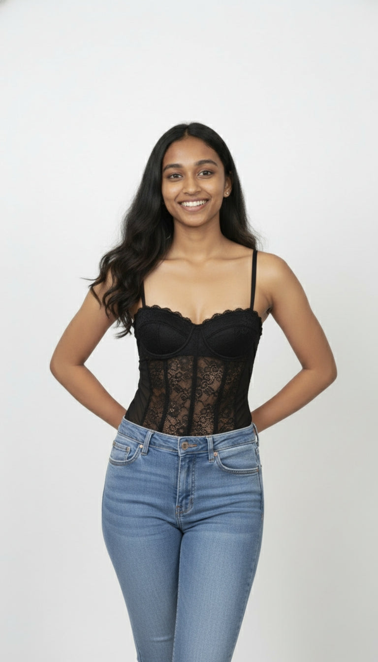 Removable Straps, Bustier Bodysuit with Lace Panels