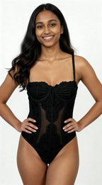 Removable Straps, Bustier Bodysuit with Lace Panels