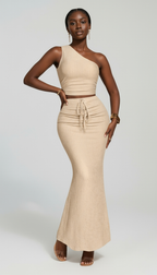 Rib-Knit One-Shoulder Crop Top & Maxi Skirt Set