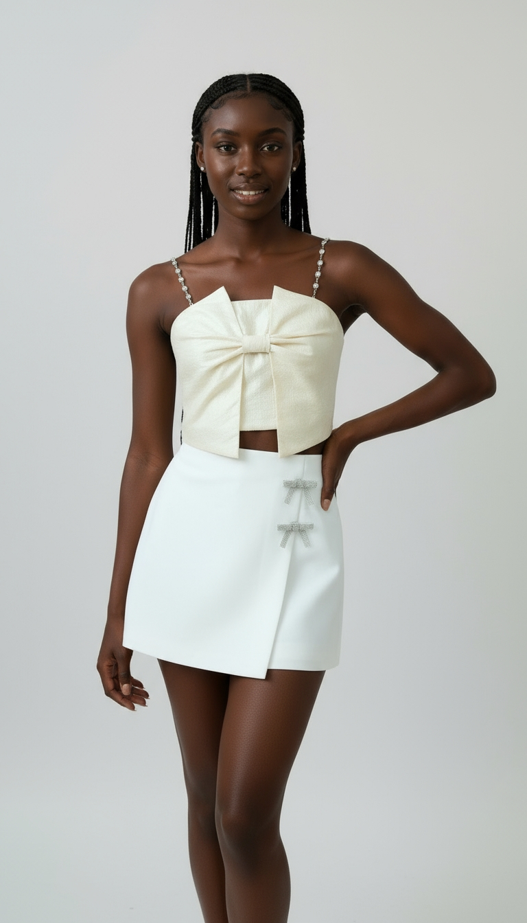 Structured Bow Crop Top with Rhinestone Straps