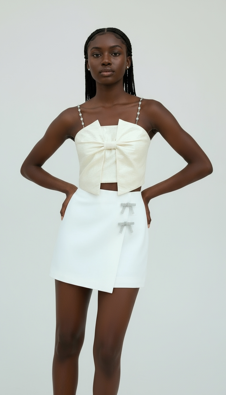 Structured Bow Crop Top with Rhinestone Straps