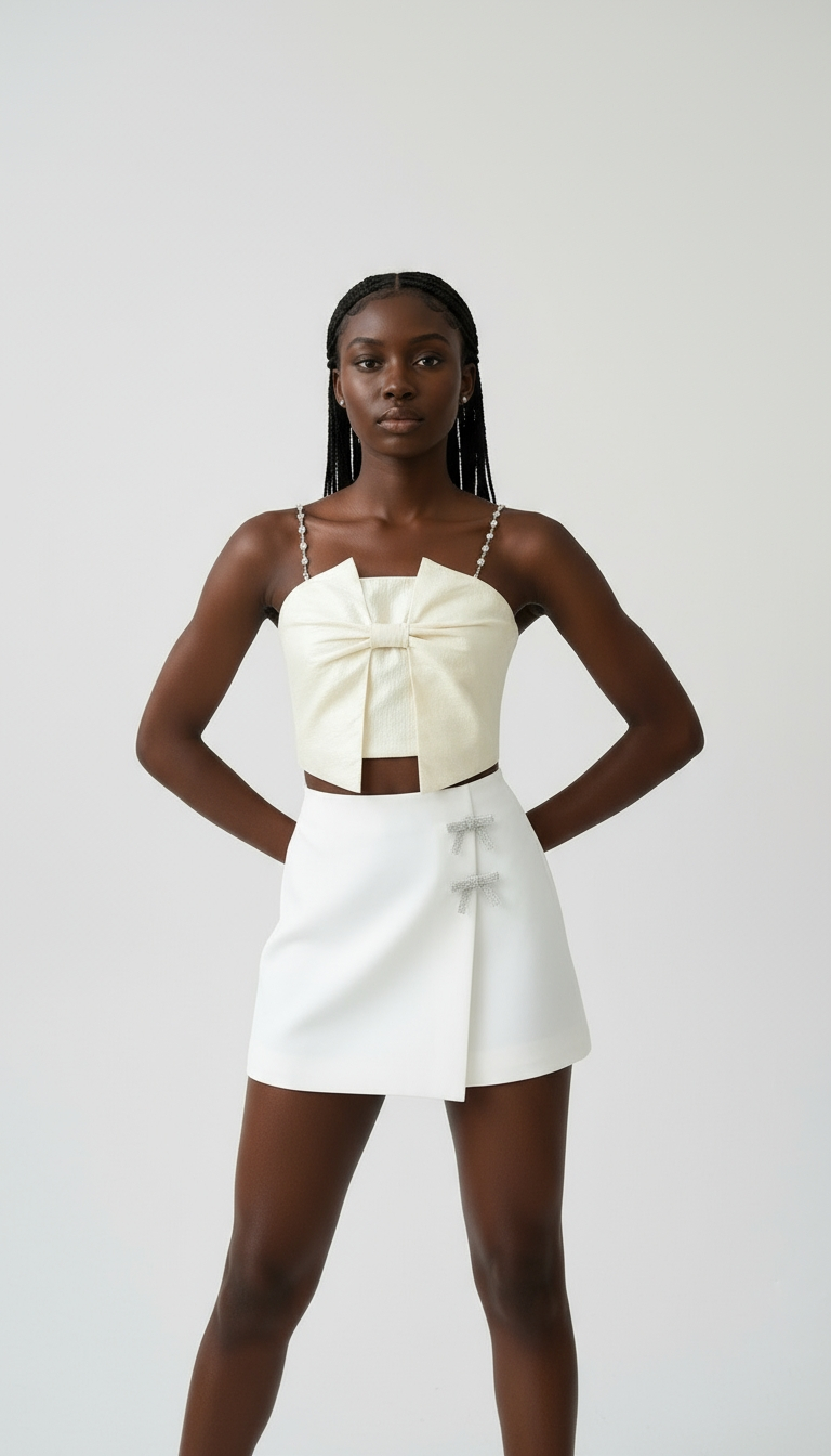 Structured Bow Crop Top with Rhinestone Straps