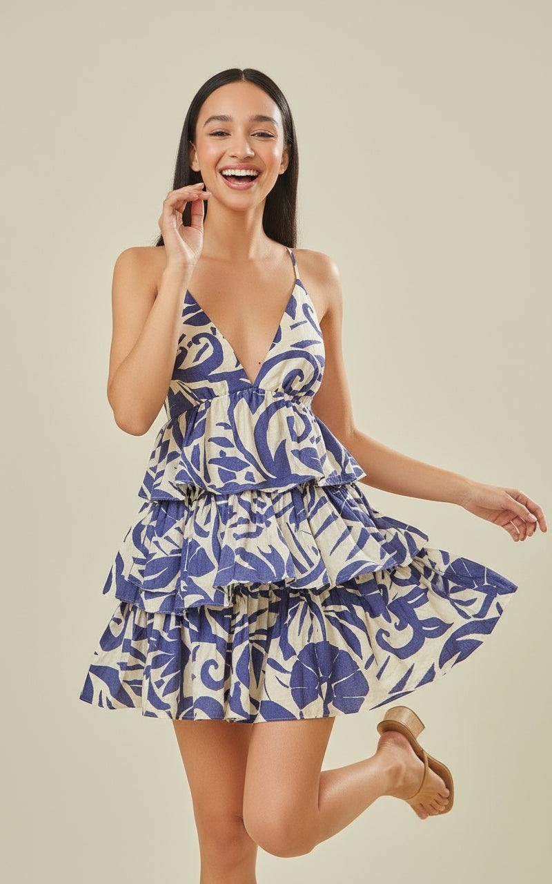 Deep V-Neck Tiered Ruffle Dress