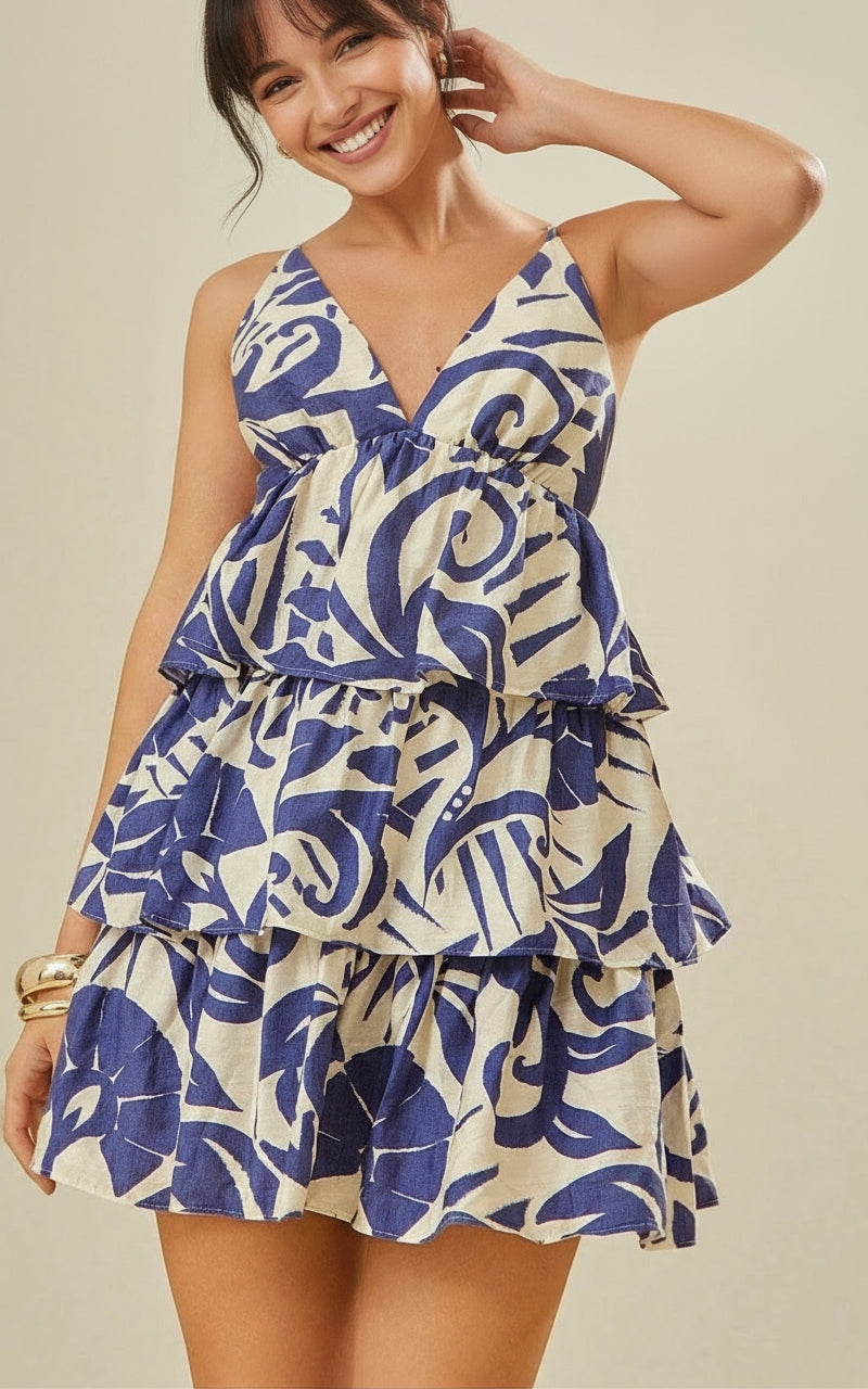 Deep V-Neck Tiered Ruffle Dress