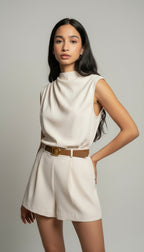 Draped High-Neck Tailored Romper