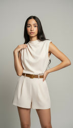 Draped High-Neck Tailored Romper