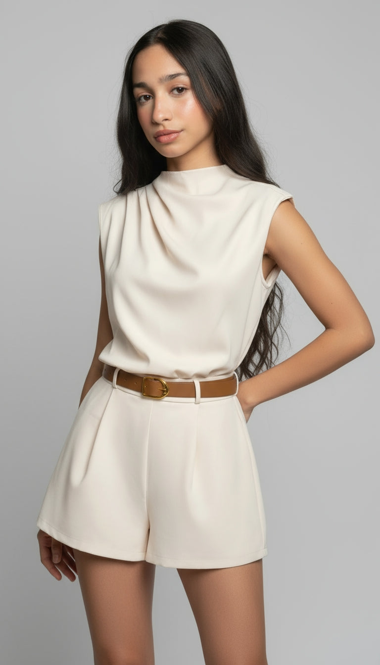 Draped High-Neck Tailored Romper