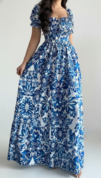 Blue Floral Puff Sleeve Maxi Dress