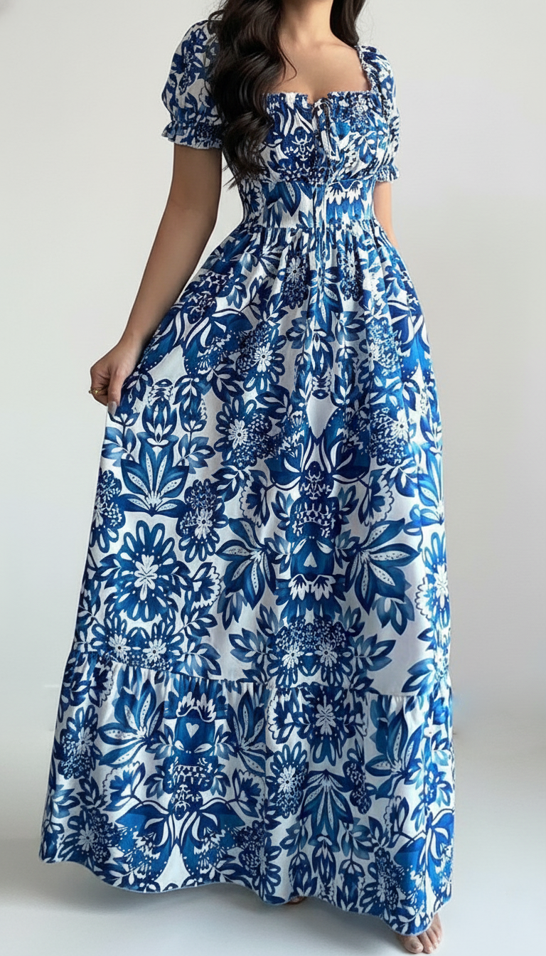 Blue Floral Puff Sleeve Maxi Dress