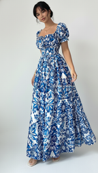 Blue Floral Puff Sleeve Maxi Dress