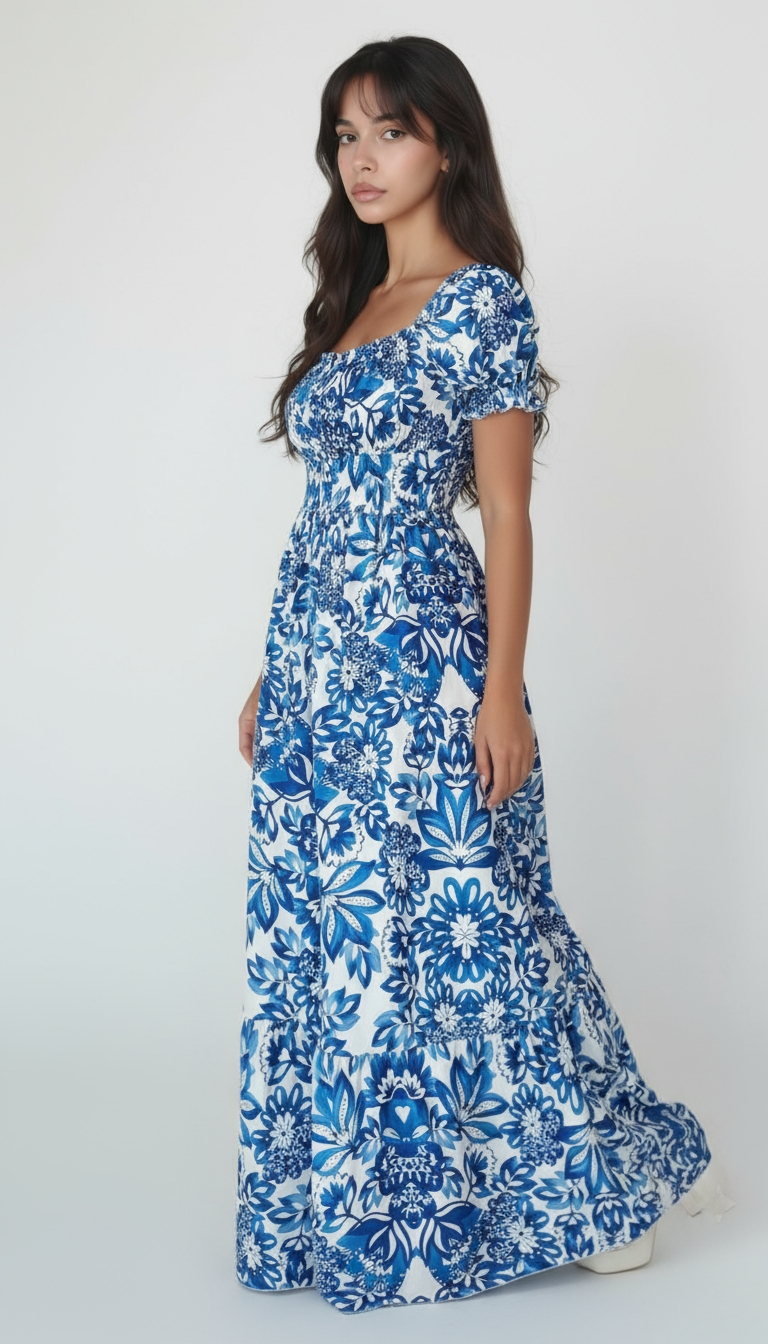 Blue Floral Puff Sleeve Maxi Dress