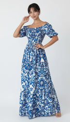 Blue Floral Puff Sleeve Maxi Dress