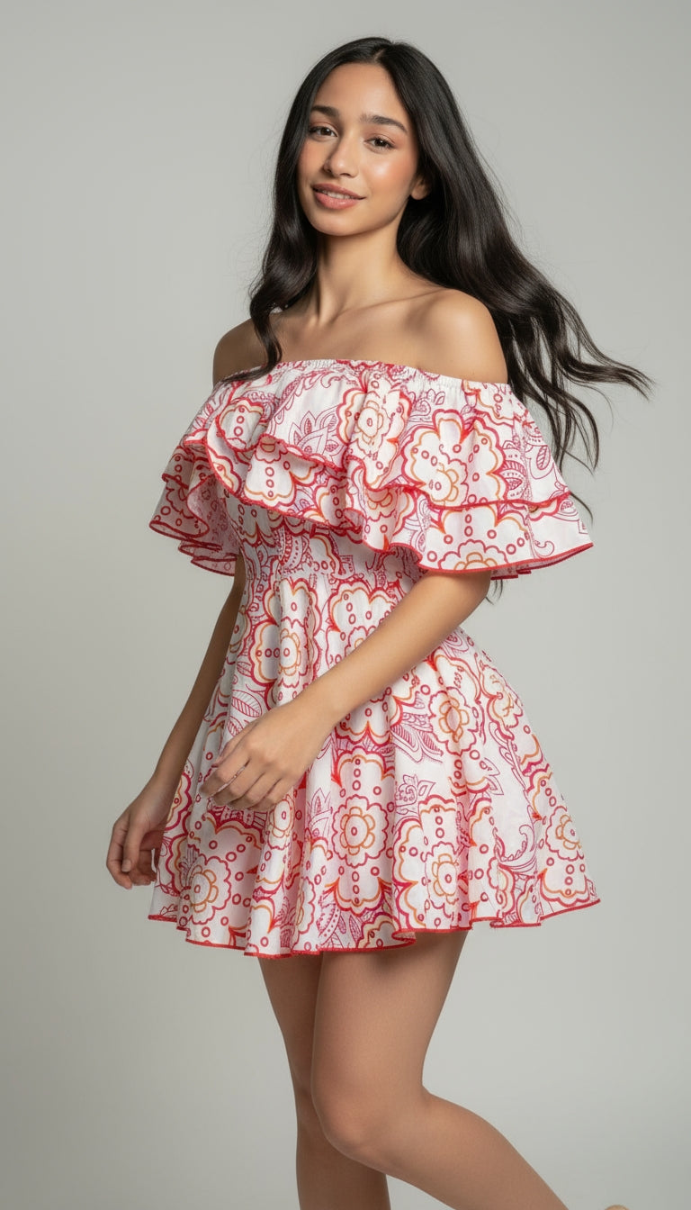 Printed Off-Shoulder Ruffle Mini Dress