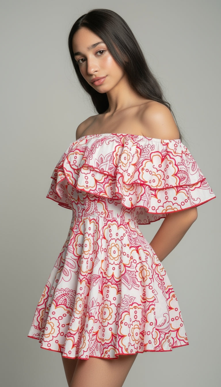 Printed Off-Shoulder Ruffle Mini Dress
