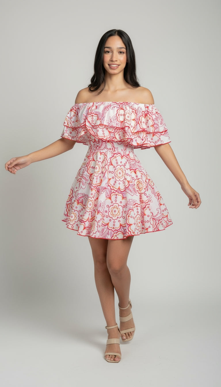 Printed Off-Shoulder Ruffle Mini Dress