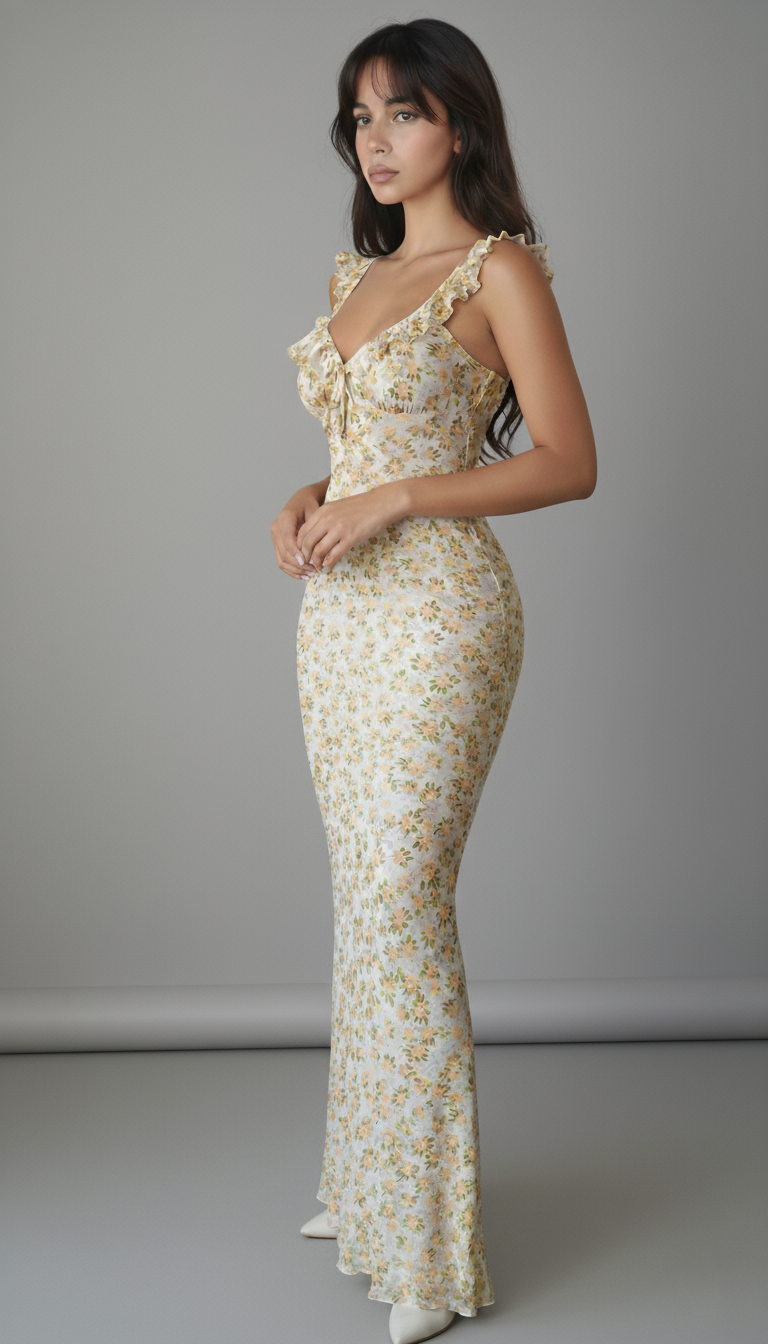 Ruffle Strap Fitted Ruched Maxi Dress