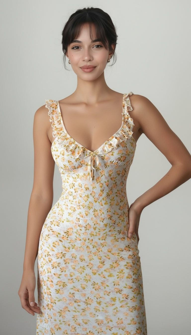 Ruffle Strap Fitted Ruched Maxi Dress