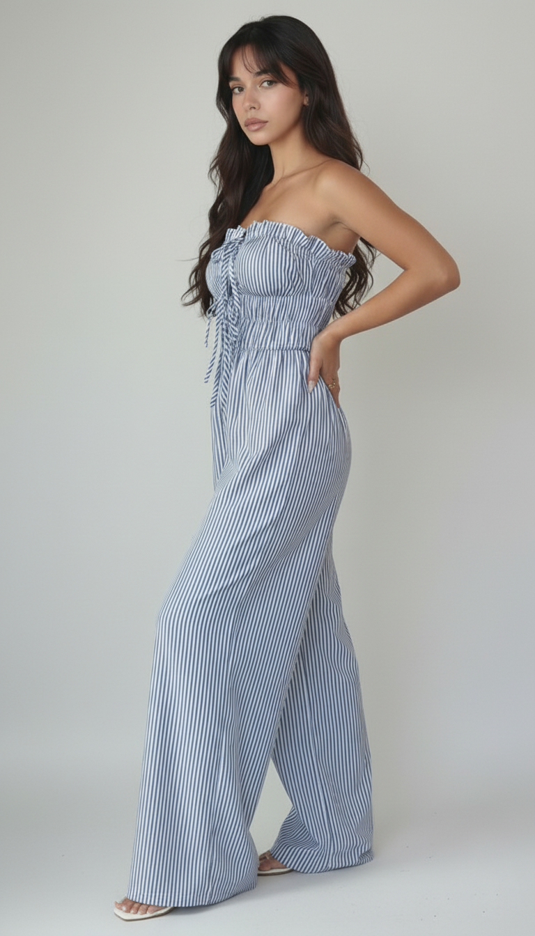 Strapless Bandeau Ruffle Wide-Leg Jumpsuit