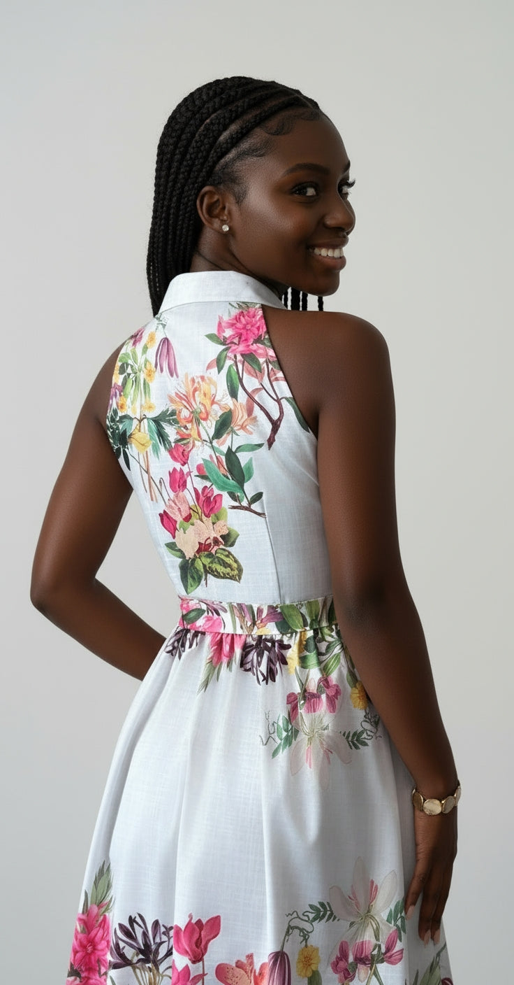 Collared Sleeveless Knotted Waist Dress