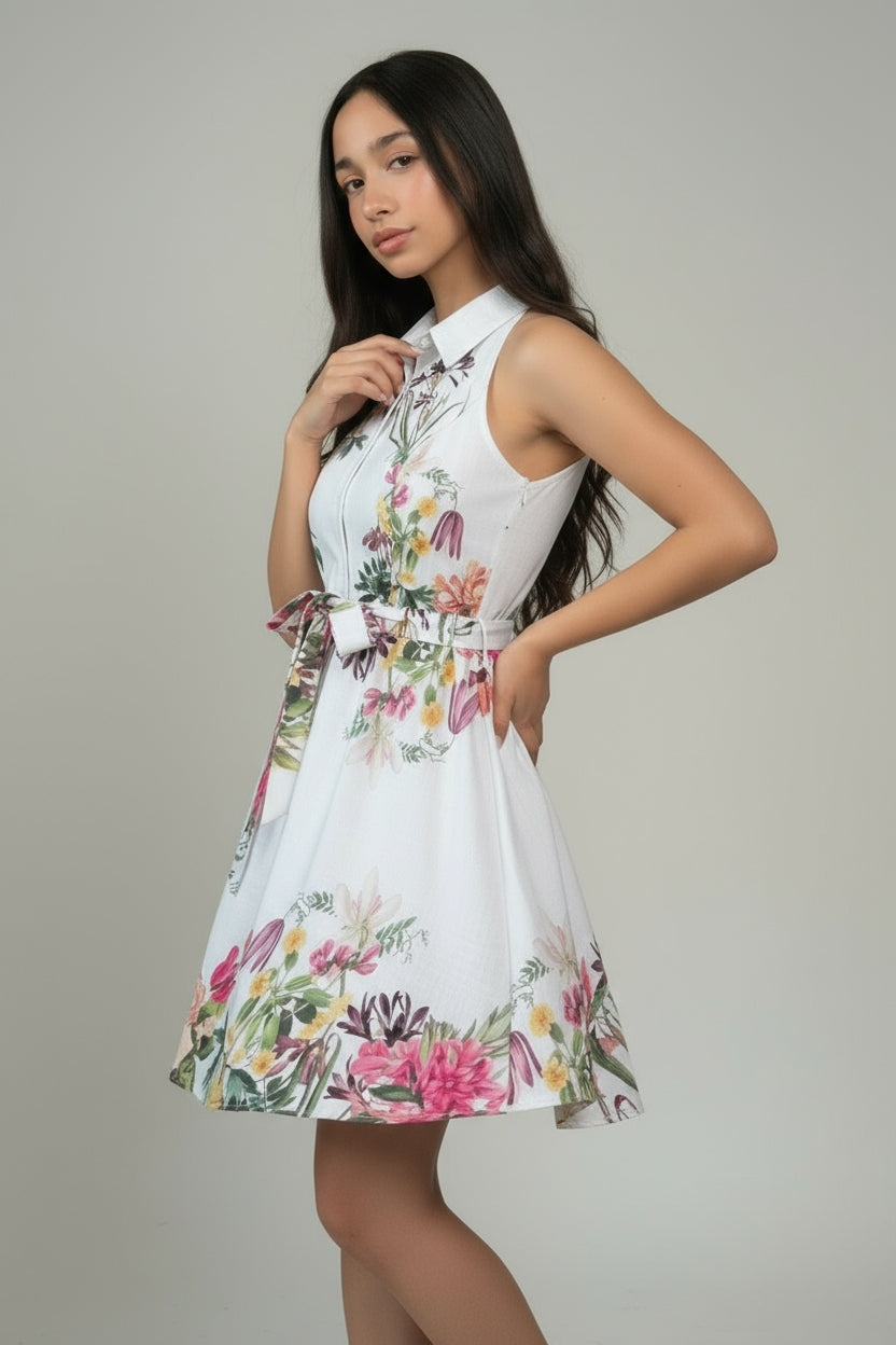 Collared Sleeveless Knotted Waist Dress