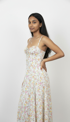 Floral Print Sweetheart Midi Dress with Lace-Up Back