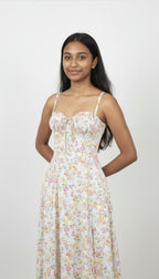 Floral Print Sweetheart Midi Dress with Lace-Up Back