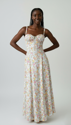 Floral Print Sweetheart Midi Dress with Lace-Up Back