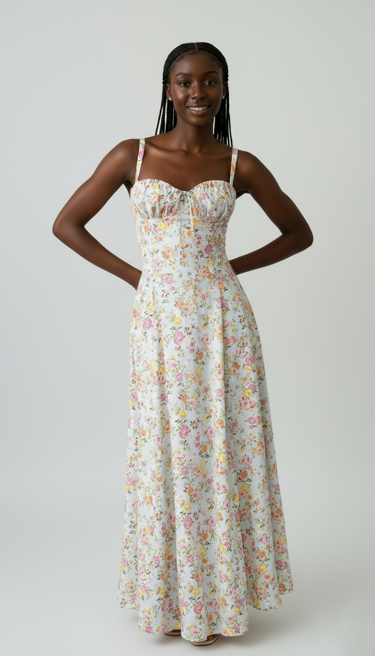 Floral Print Sweetheart Midi Dress with Lace-Up Back