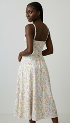 Floral Print Sweetheart Midi Dress with Lace-Up Back