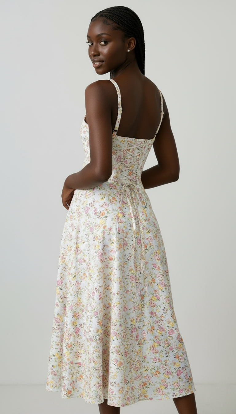 Floral Print Sweetheart Midi Dress with Lace-Up Back