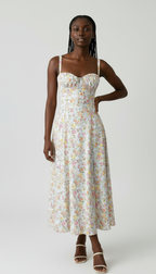 Floral Print Sweetheart Midi Dress with Lace-Up Back